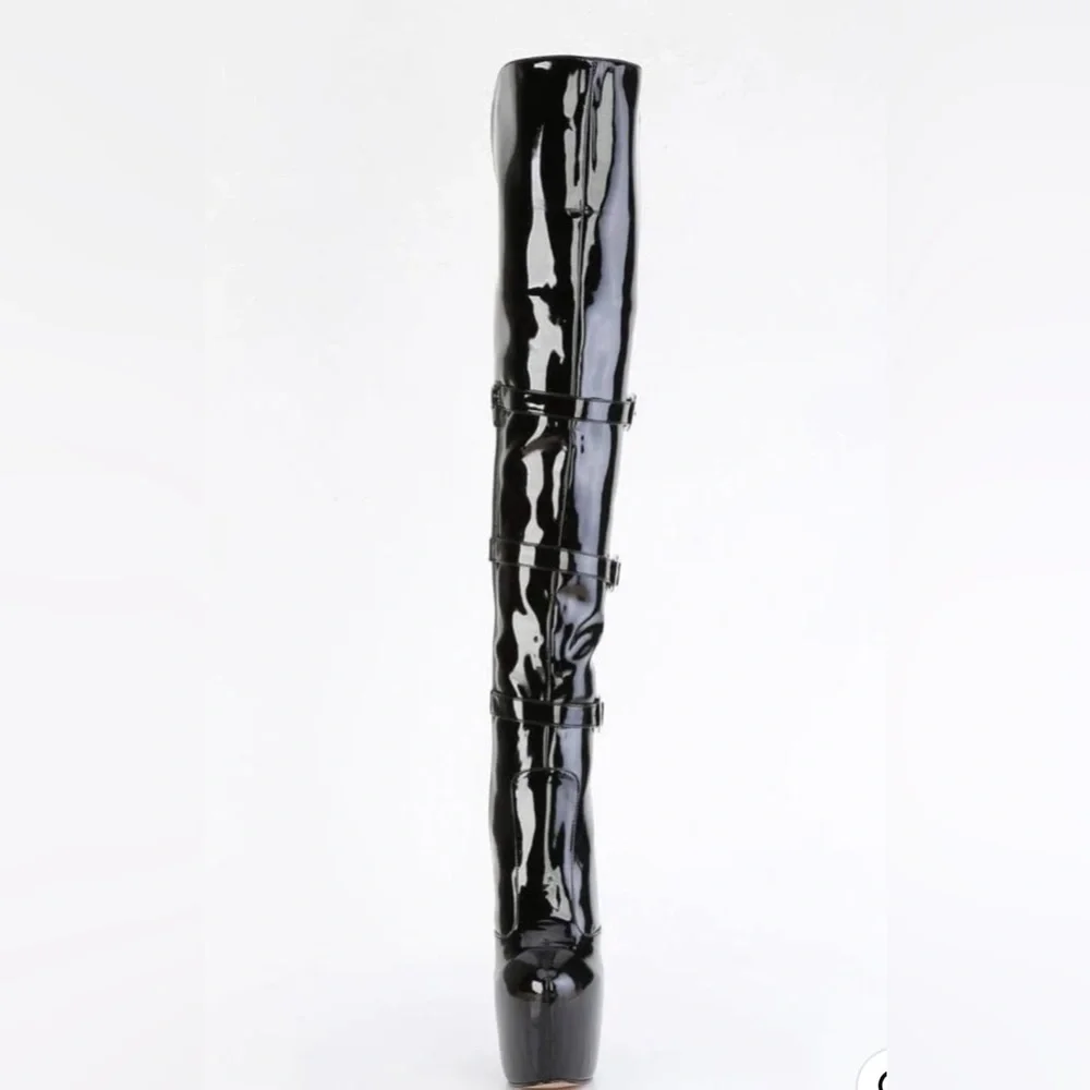 Pleaser Jubilant 3018 Black Stiletto Patent Thigh-High Boots 7 - Picture 3 of 6